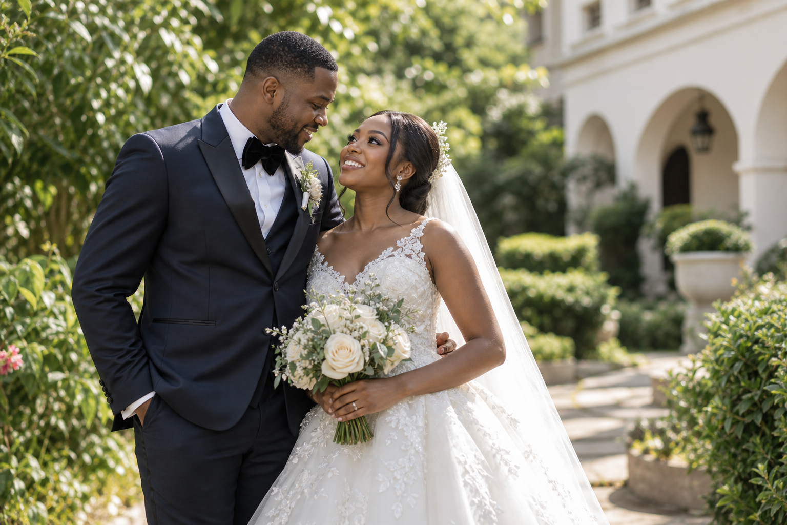A bride and groom sharing a quiet moment